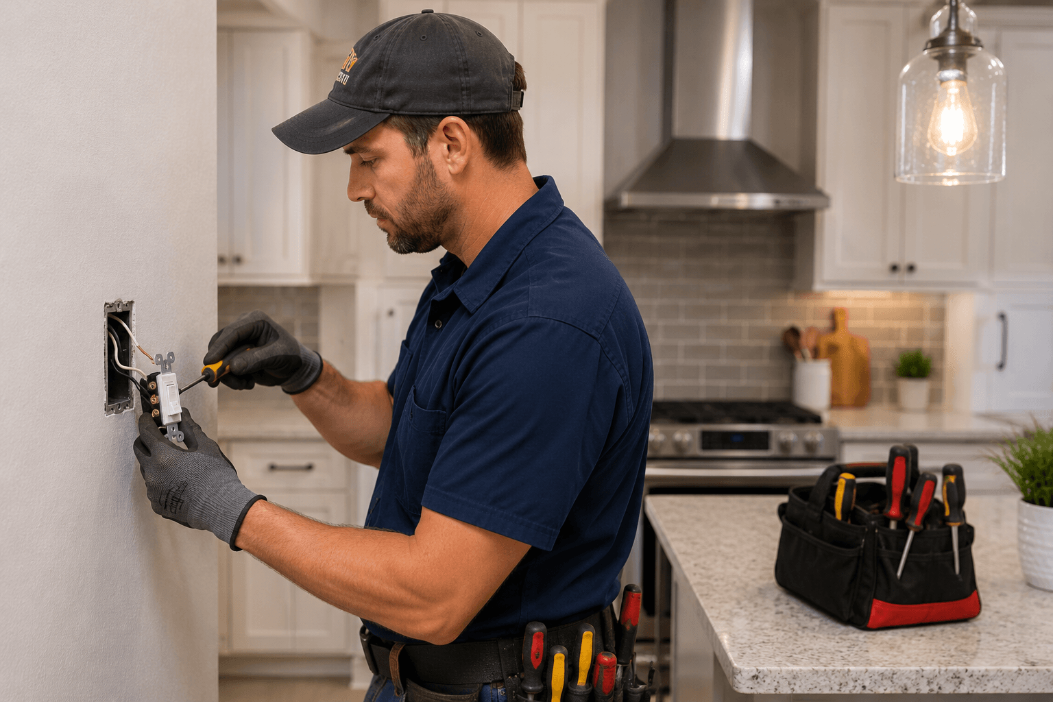 Electrician replacing a light switch in a Katy TX kitchen