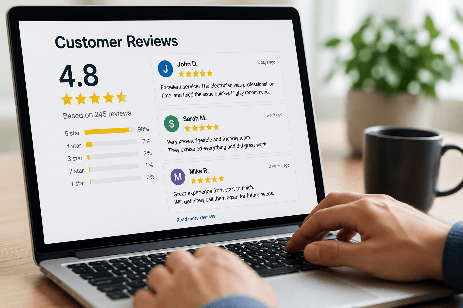 Homeowner reading online electrician reviews before hiring an electrical contractor in Houston TX