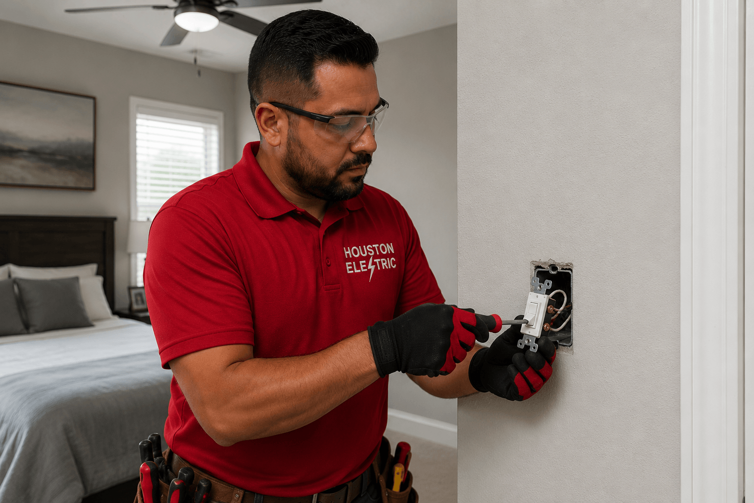 Electrician replacing a light switch in a Houston TX bedroom