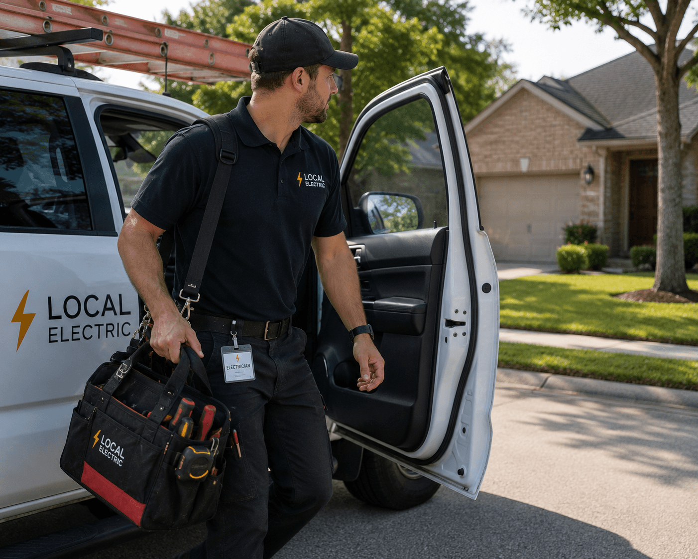 Licensed electrician arriving at a Katy TX home for a residential service call