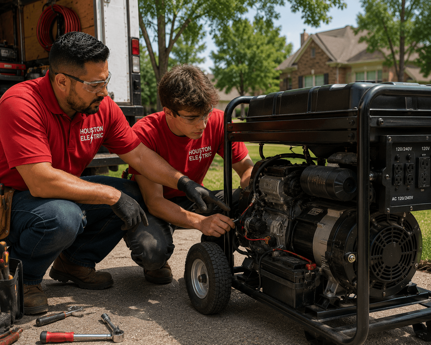 Master electrician training an apprentice at standby generator in Houston TX