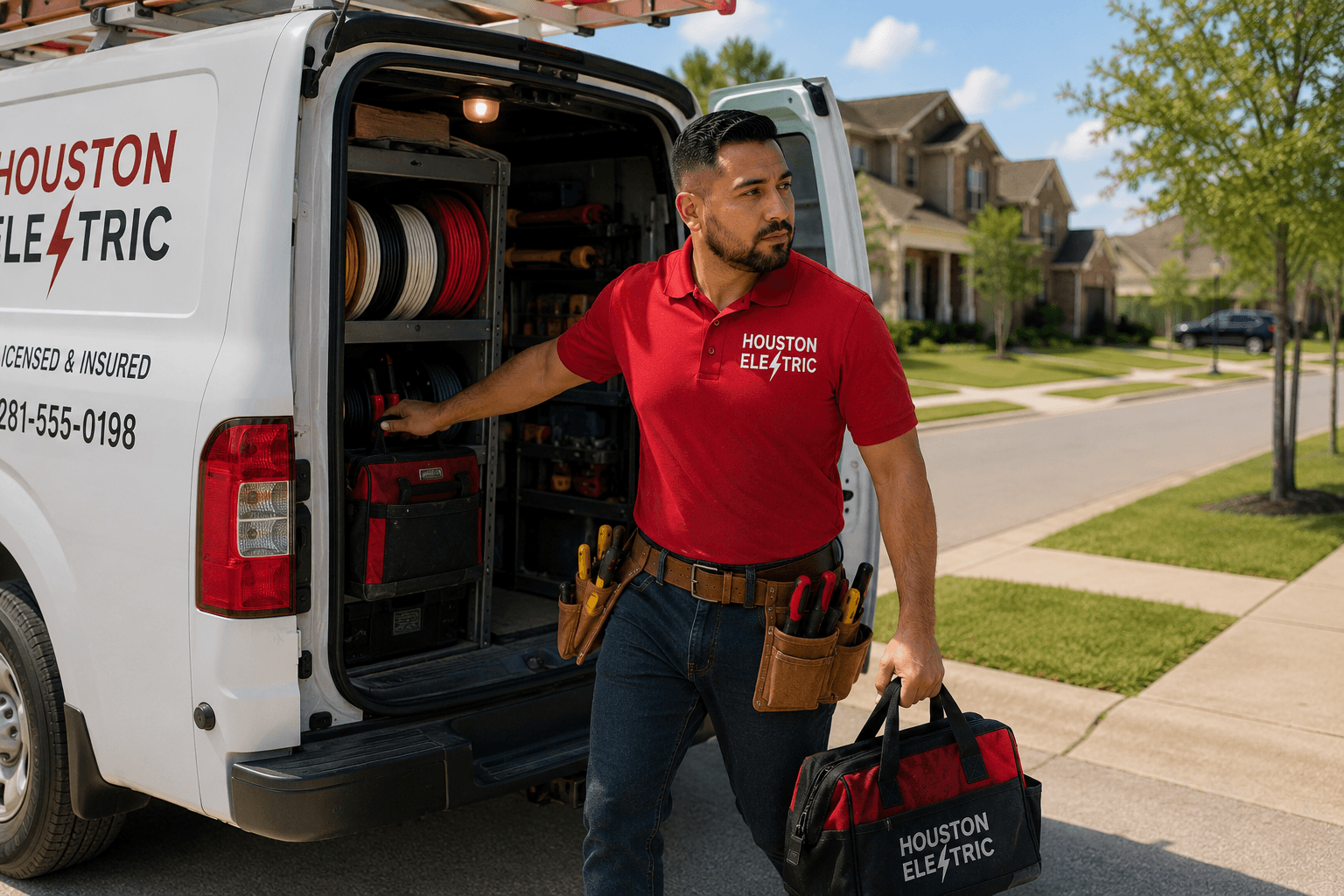 Licensed electrician arriving at a Houston TX home for a residential service call