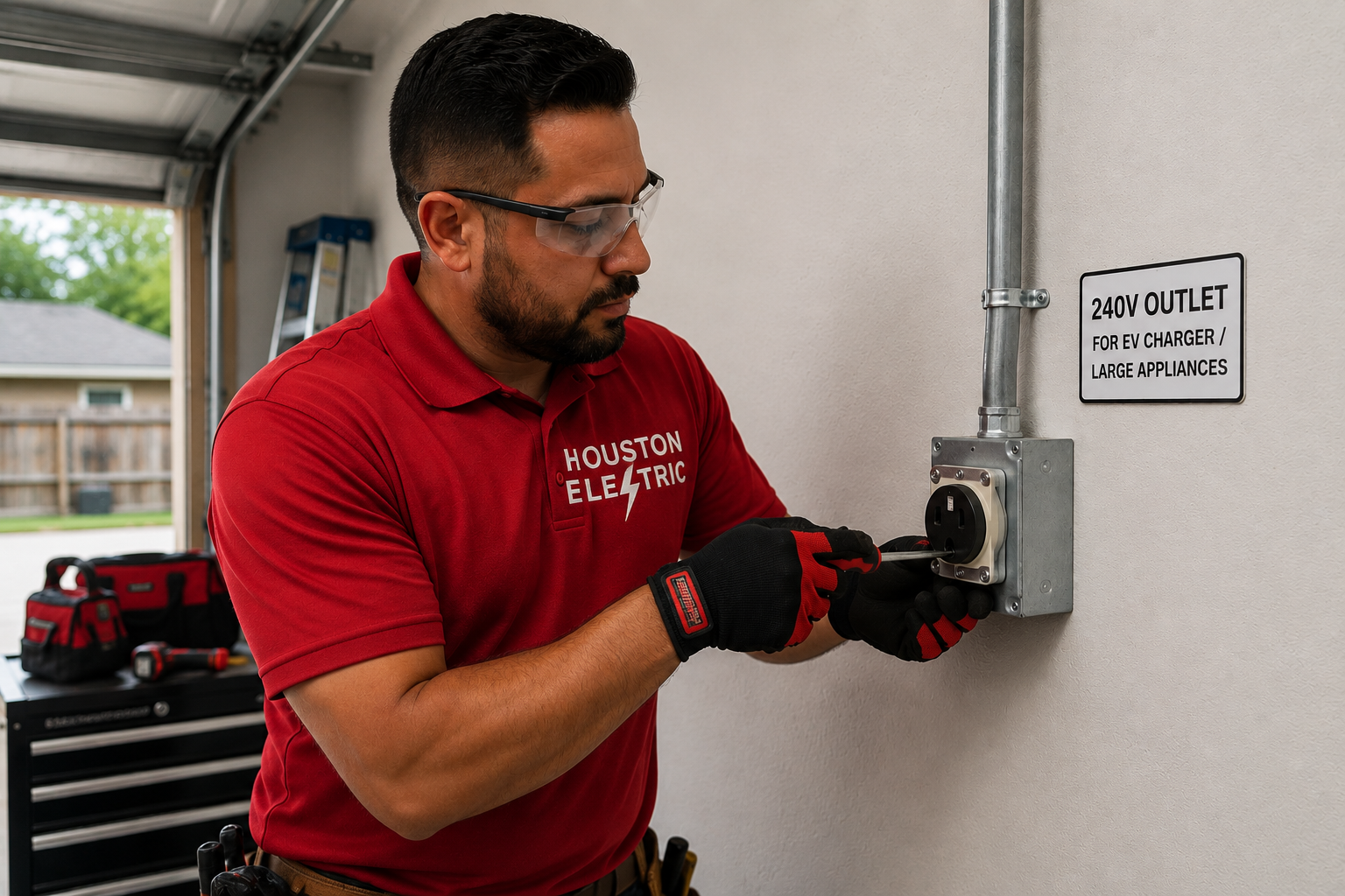 Licensed electrician installing a 240V outlet in a Houston TX garage