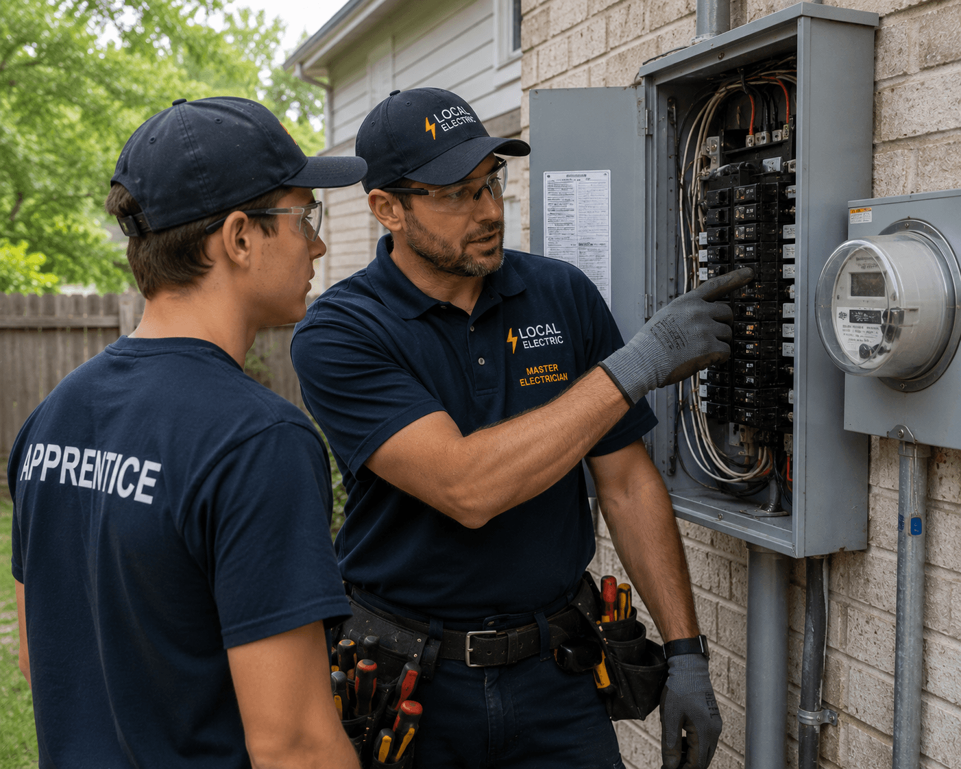 Master electrician training an apprentice at an outdoor electrical panel in Katy TX