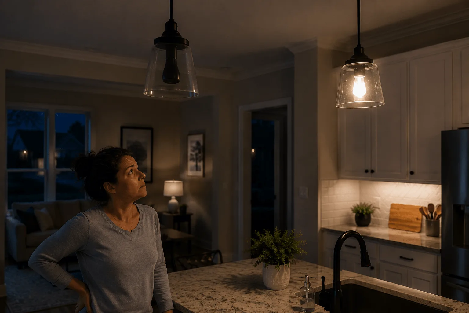 Cypress homeowner looking at one pendant light that is off while another remains on in her kitchen.